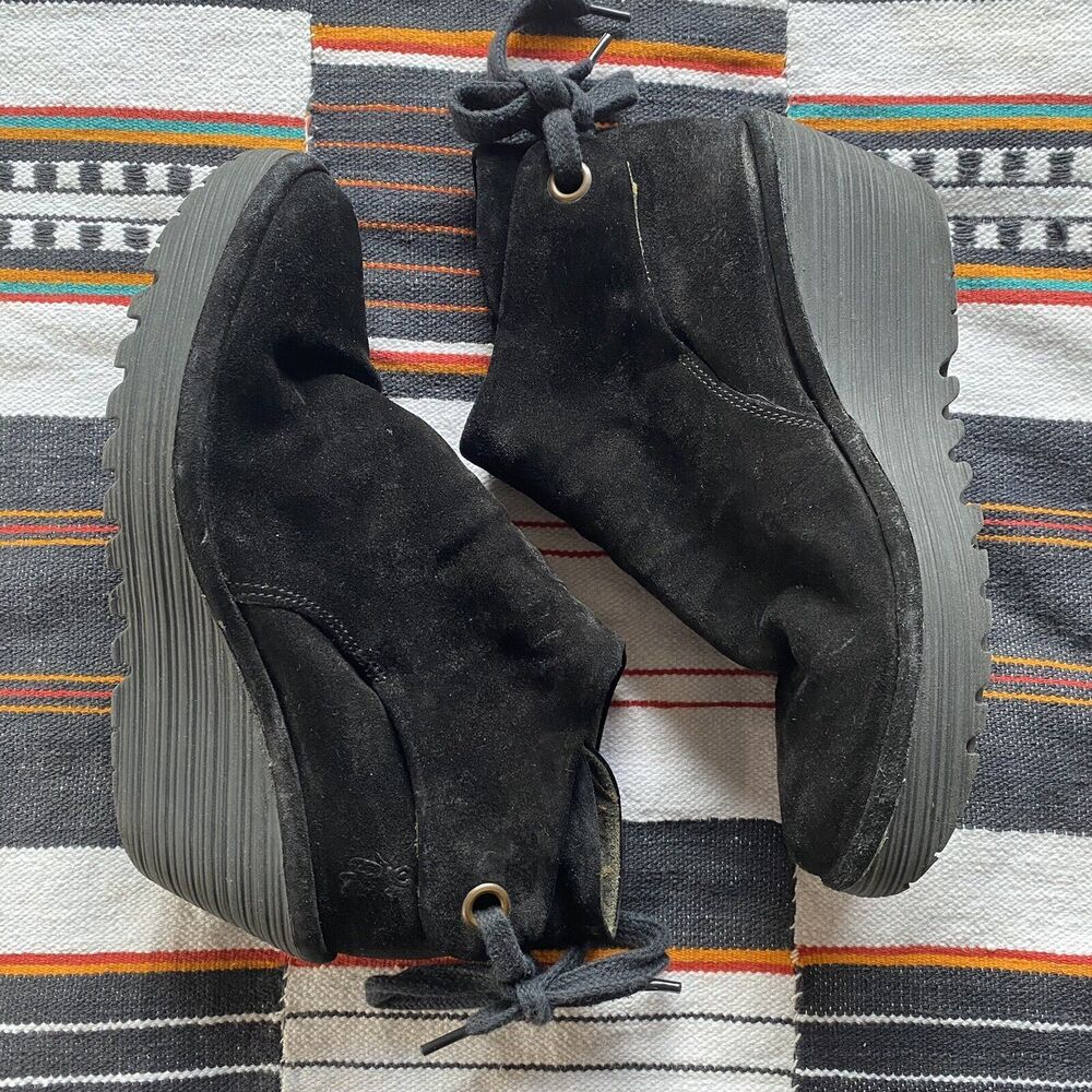 Fly London Black Yama Suede Leather Platform Wedge Booties. Size 39/6. Tie.